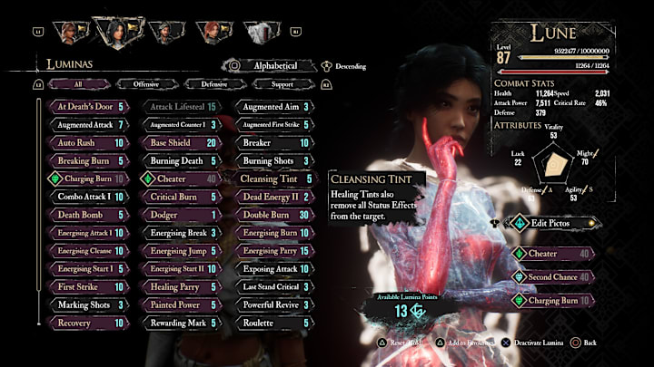 Lune's Lumina menu with the Cleansing Tint Lumina highlighted.