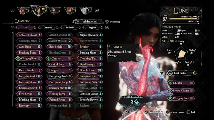Lune's Lumina menu with the Breaker Lumina highlighted.
