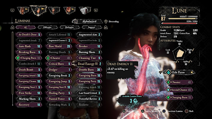 Lune's Lumina menu with the Dead Energy Lumina highlighted.