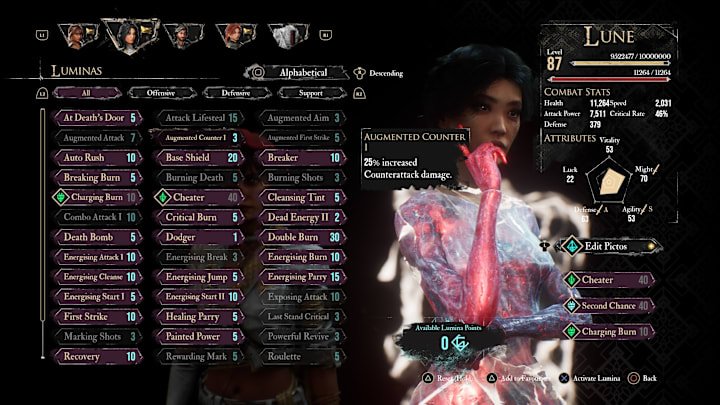 Lune's Lumina menu with the Augemented Counter Lumina highlighted.