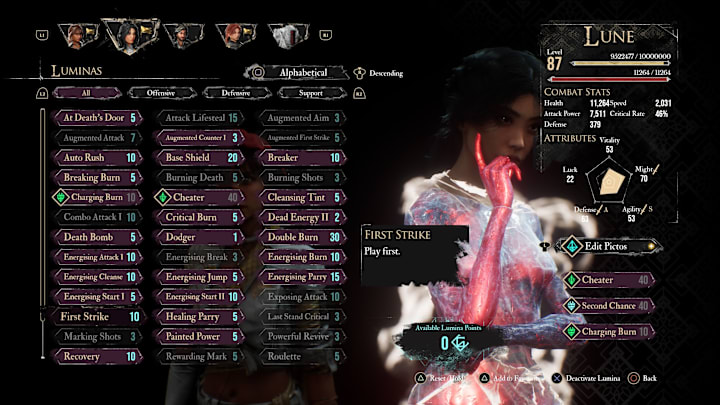 Lune's Lumina menu with the First Strike Lumina highlighted.