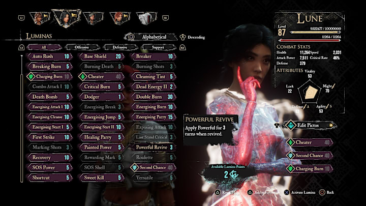 Lune's Lumina menu with the Powerful Revive Lumina highlighted.