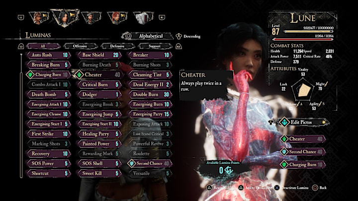 Lune's Lumina menu with the Cheater Lumina highlighted.
