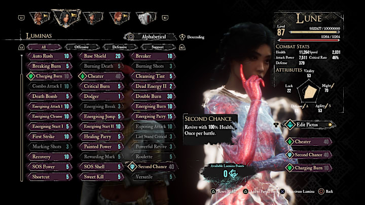 Lune's Lumina menu with the Second Chance Lumina highlighted.