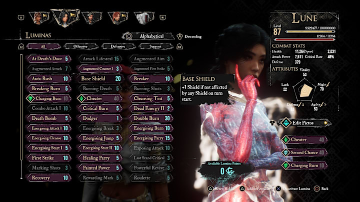 Lune's Lumina menu with the Base Shield highlighted.