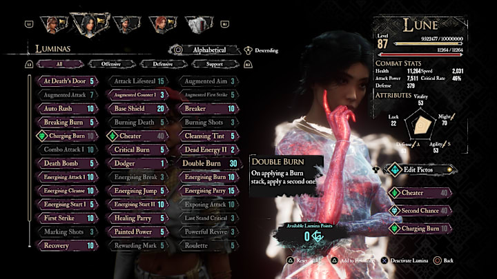 Lune's Lumina menu with the Double Burn Lumina highlighted.