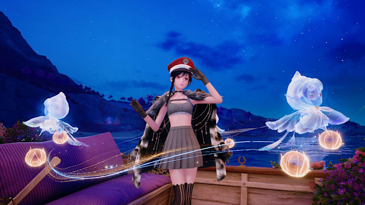 Infinity Nikki screenshot of a girl posing on a gondola.