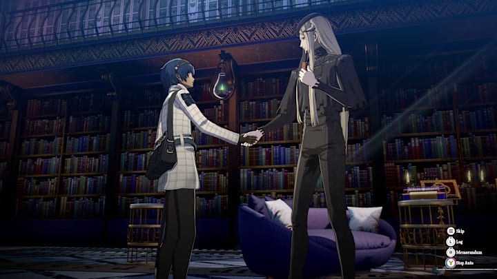 More and the protagonist shaking hands in a library.