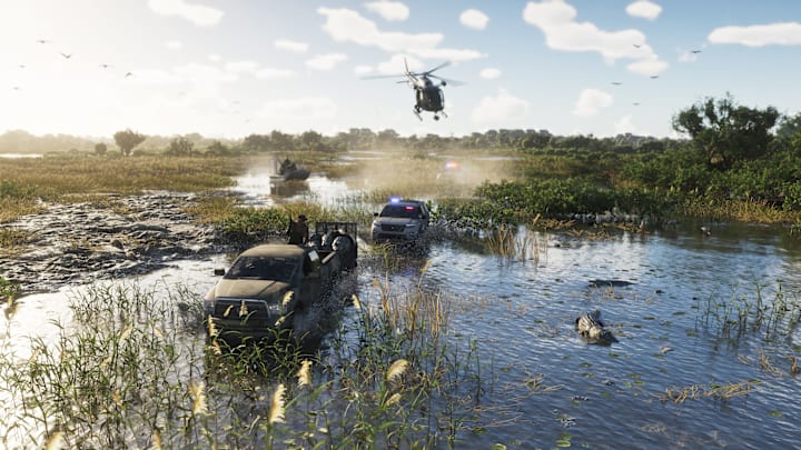 Cars and a helicopter chase across swampy wetlands as an alligator swims nearby in GTA 6. 