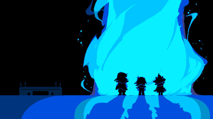 Three figures silouhetted against a large beam of bright blue energy.