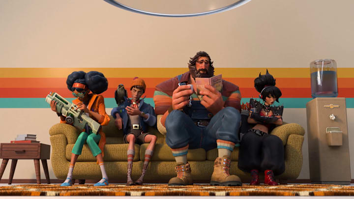 Four diverse heroes on a sofa