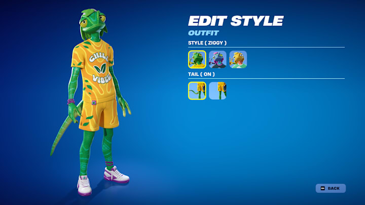 A humoid chameleon wearing a yellow "Chill Vibes" t-shirt and pants combo.