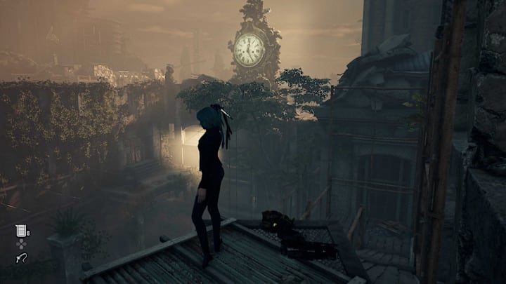 Eve standing on a ledge in front of a clock tower.