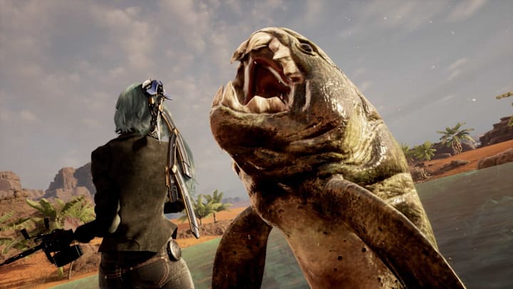 Eve reeling in a fish that is much bigger than her.