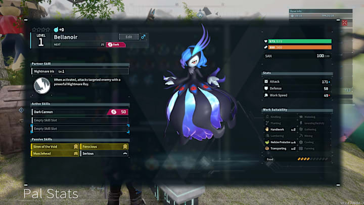 A humanoid Pal with a black body that fans out to appear like a dress, with blue energy underneath and blue hair.