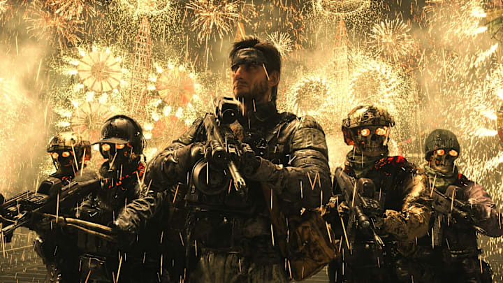 Neil Vana and his skeleton army stand in the middle of a fireworks show in Death Stranding 2