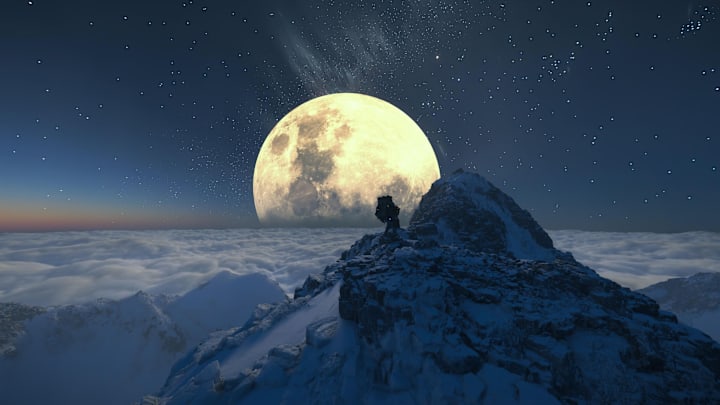 Sam stands on a snowy mountain looking at a large moon dominating the horizon, a blanket of clouds below, in Death Stranding2