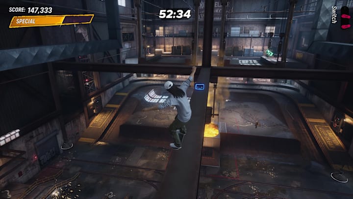 A player skating atop an iron girder about to collect the secret tape in the Foundry level of Tony Hawk's Pro Skater 3+4