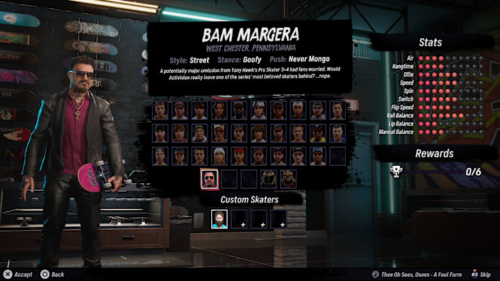 Bam Margera in a leather jacket and trousers in THPS 3+4