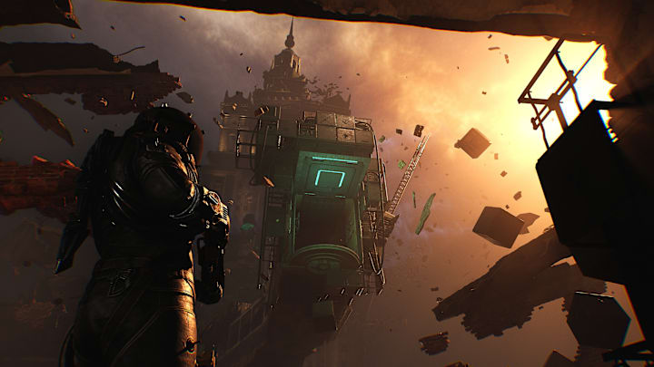 Cronos: The New Dawn screenshot facing a large brutalist structure