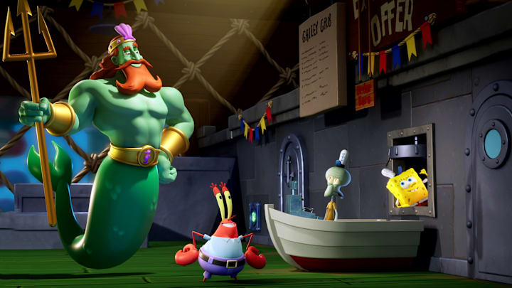 Neptune, Mr Krabs, Squidward, and Spongebob in the Krusty Krab