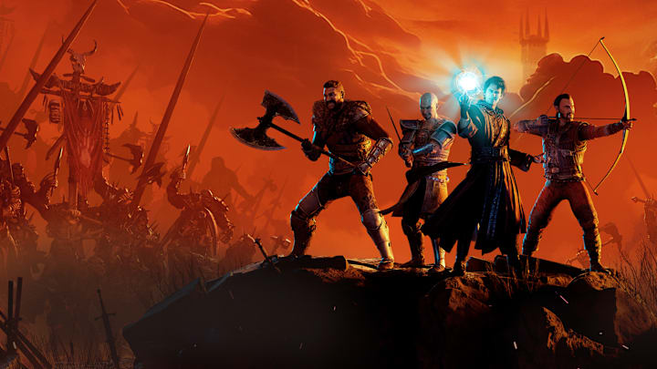 Four adventurers posing on an orange-tinted landscape with an army in the fog.