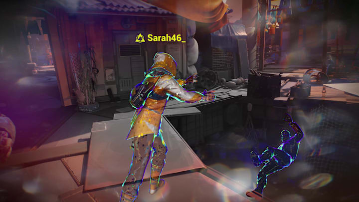 The ghost of a player called Sarah46 pushing a ghostly spectre down a hall.