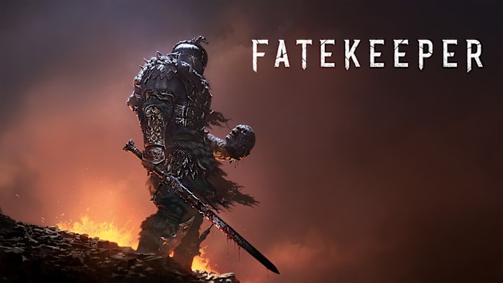 A person in dark, heavy armour holding a rotting head in one hand and a sword in the other as they stand near splashing lava.