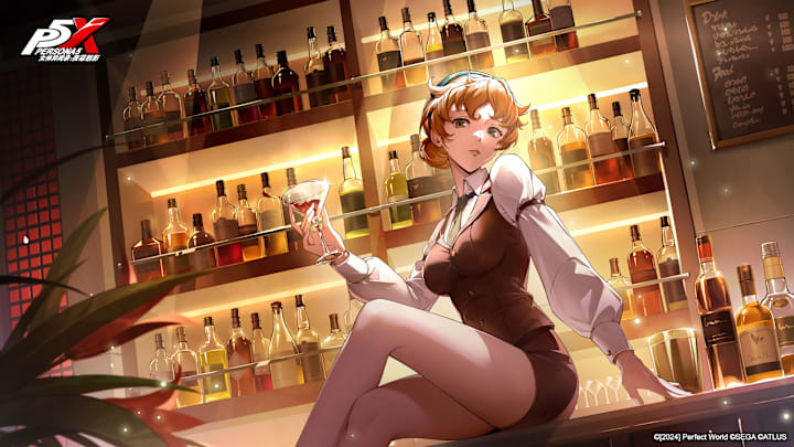 Yumi Shiina, a cocktail bar waitress sitting on the bar.