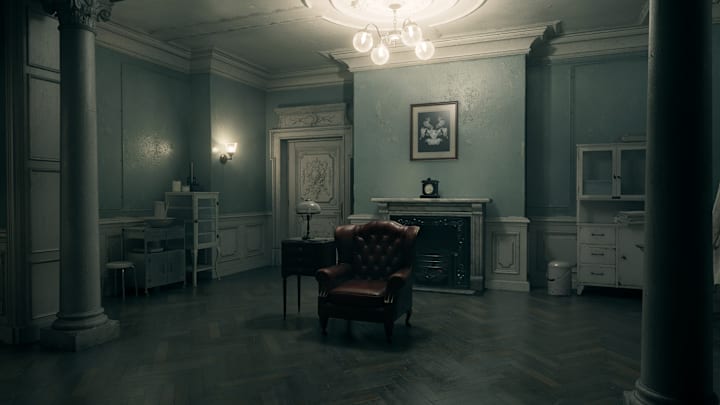 A room with white lighting and pale walls. A brown leather armchair sits alone in the middle.