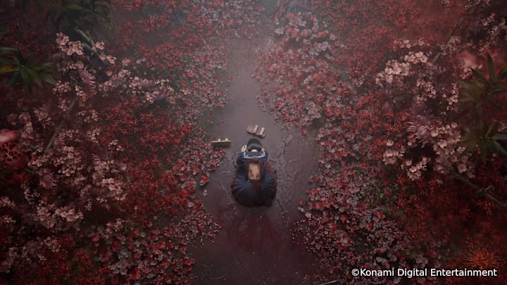Hinako crouches surrounded by red spider lily flowers in Silent Hill f