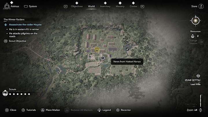 The Assassin's Creed Shadows map showing the News from Hittori Hanzo quest.