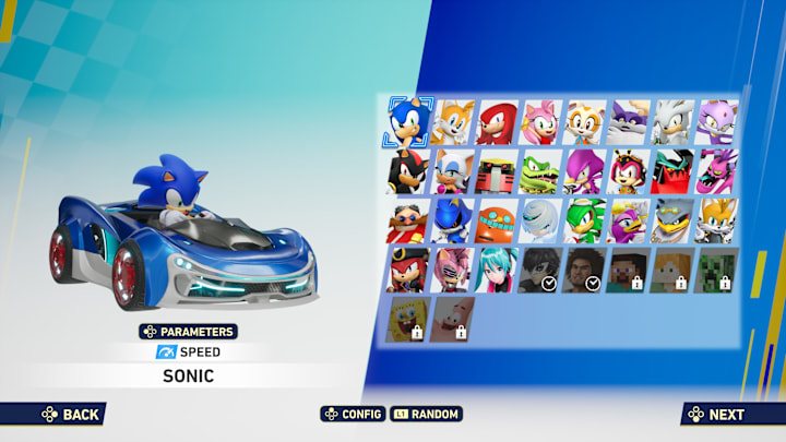 Sonic Racing: CrossWorlds roster with Sonic selected.