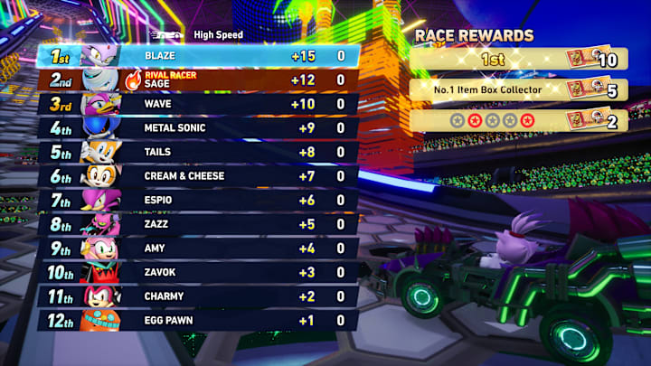 Blaze in a car with the Grand Prix leaderboard on the side of the screen.