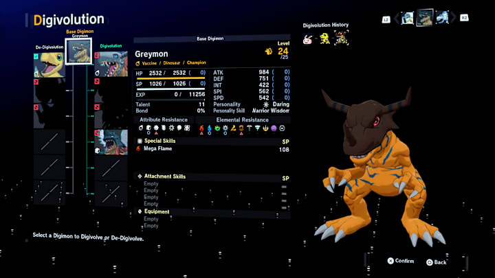 An evolution screen for Greymon showing it able to evolve into MetalGreymon