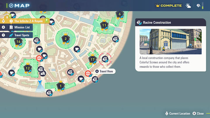 A Lumiose City map showing the location of Racine Construction