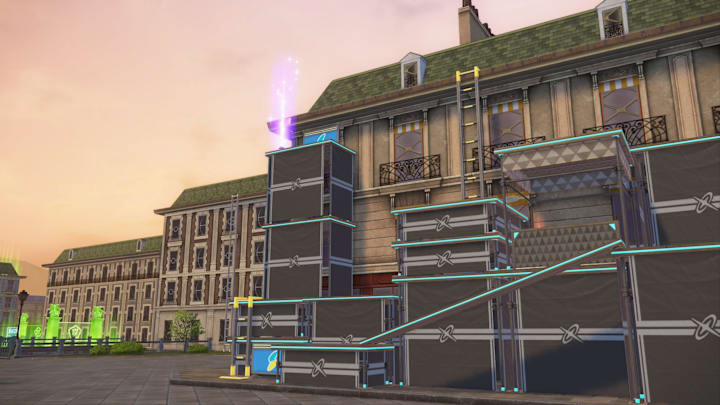 Scaffolding in Lumiose City with a purple item ball on top 