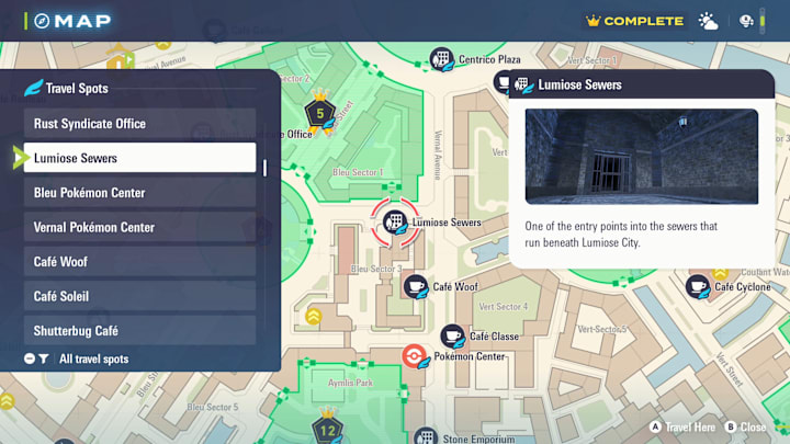 A map showing the location of the Lumiose Sewers