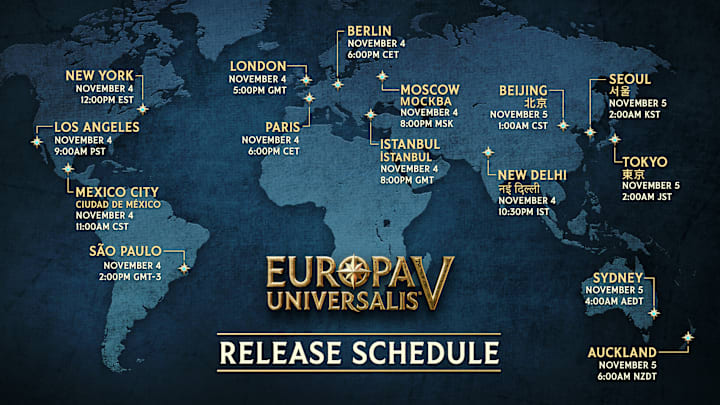 A map with global release times for EU5.