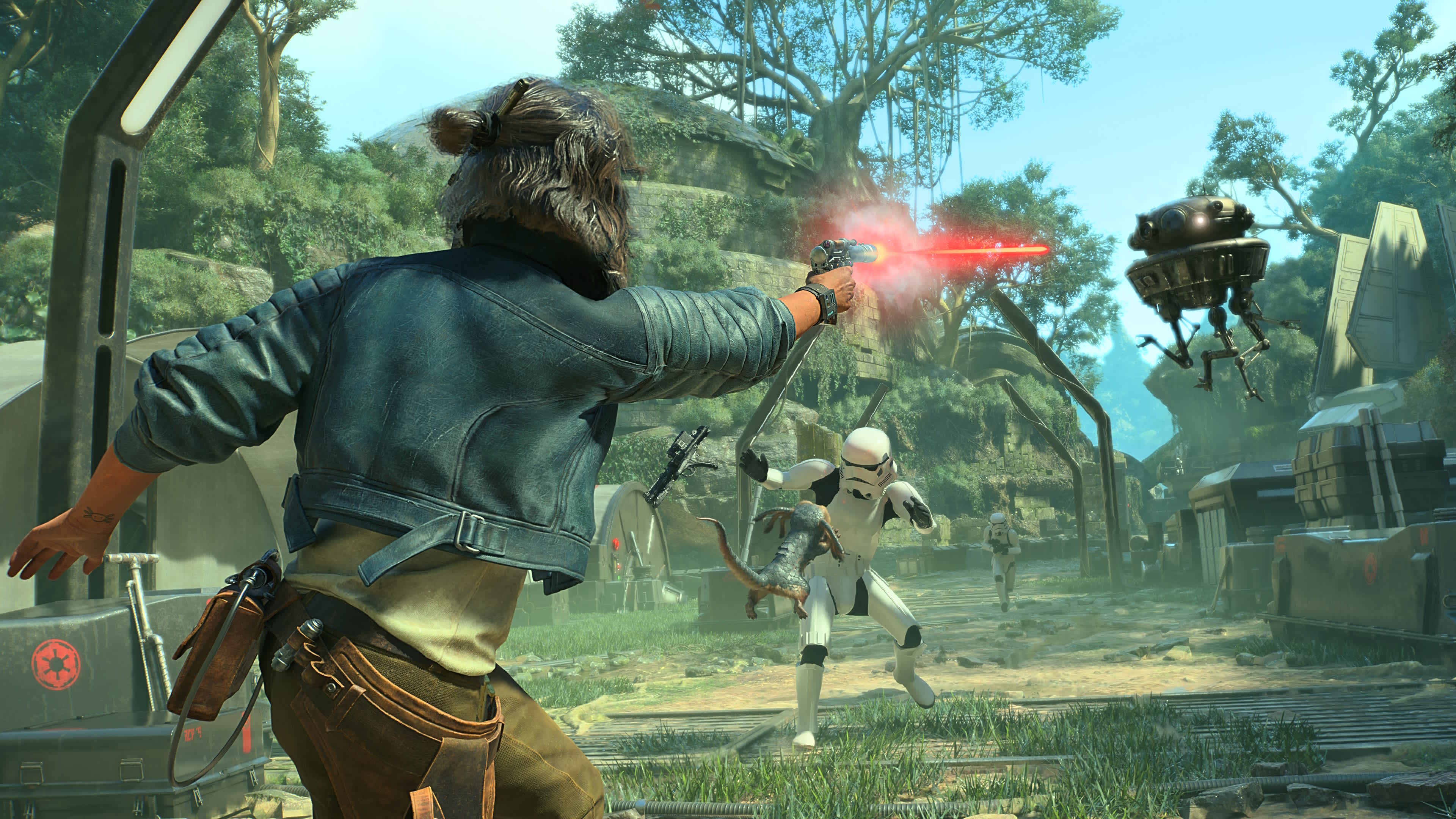 Star Wars Outlaws' Kay Vess, firing a blaster at imperial droids