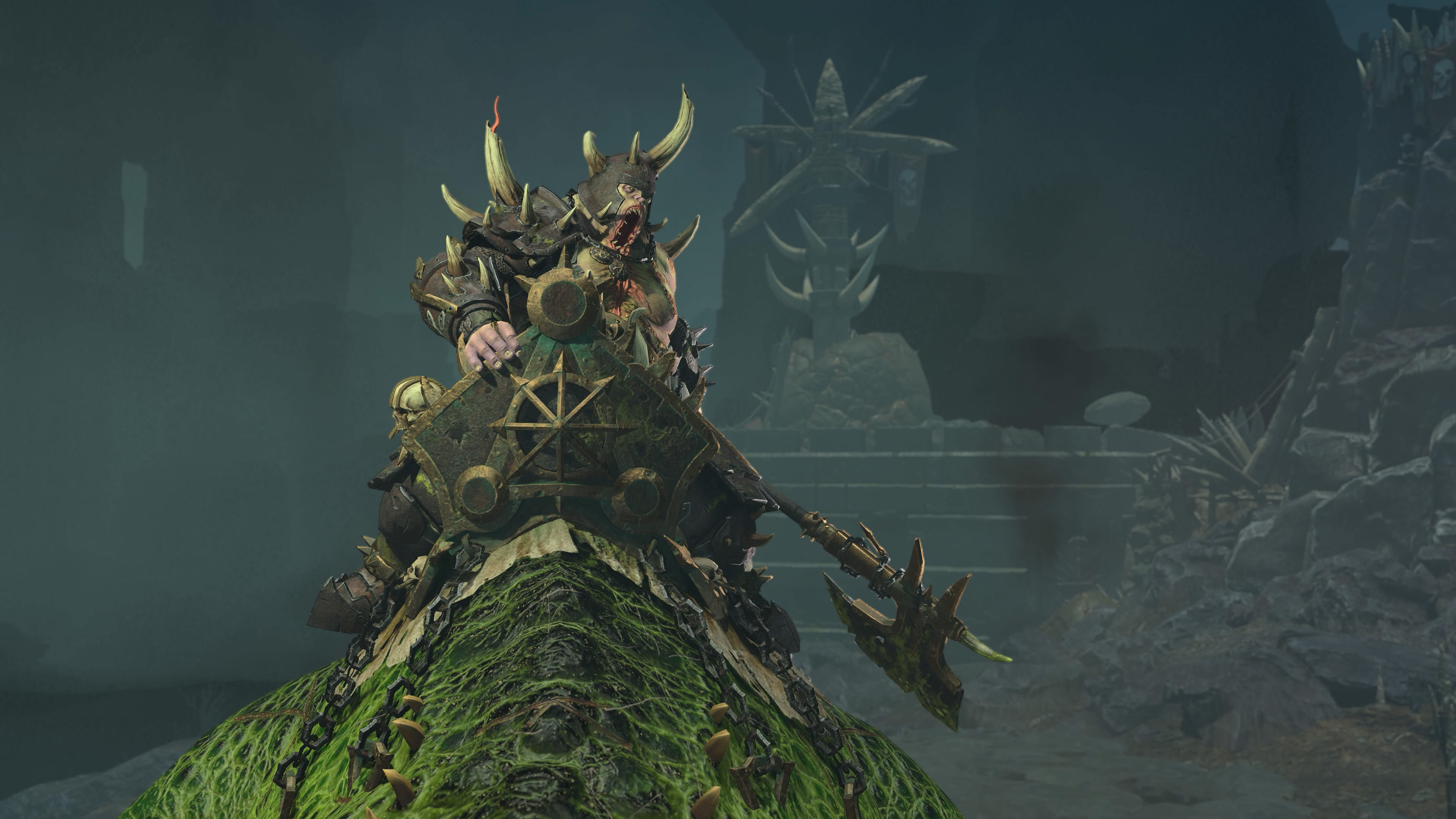 Total War: Warhammer 3 Thrones of Decay screenshot of Tamurkhan riding his Toad Dragon.