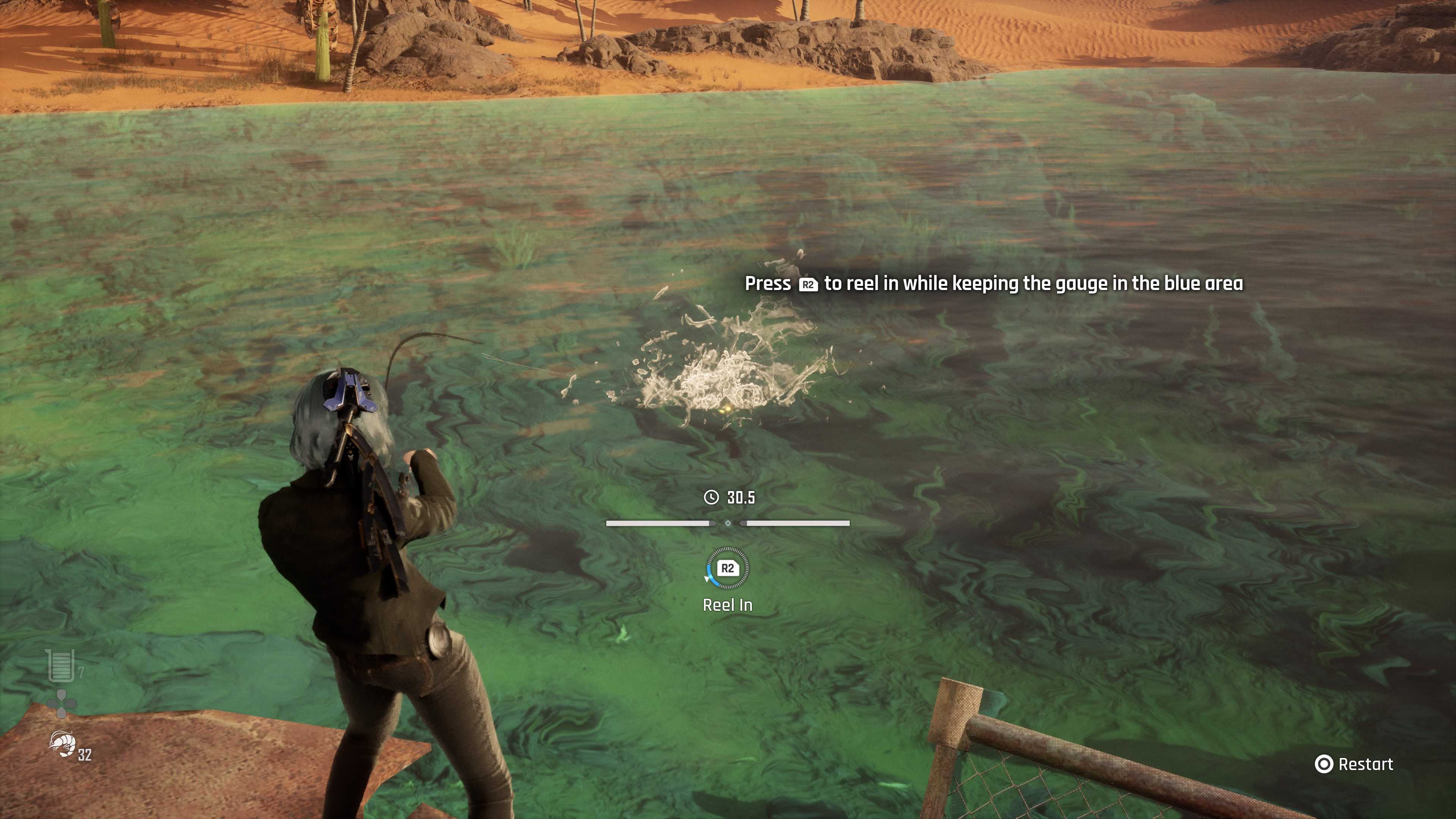 Screenshot showing Eve fishing in Stellar Blade