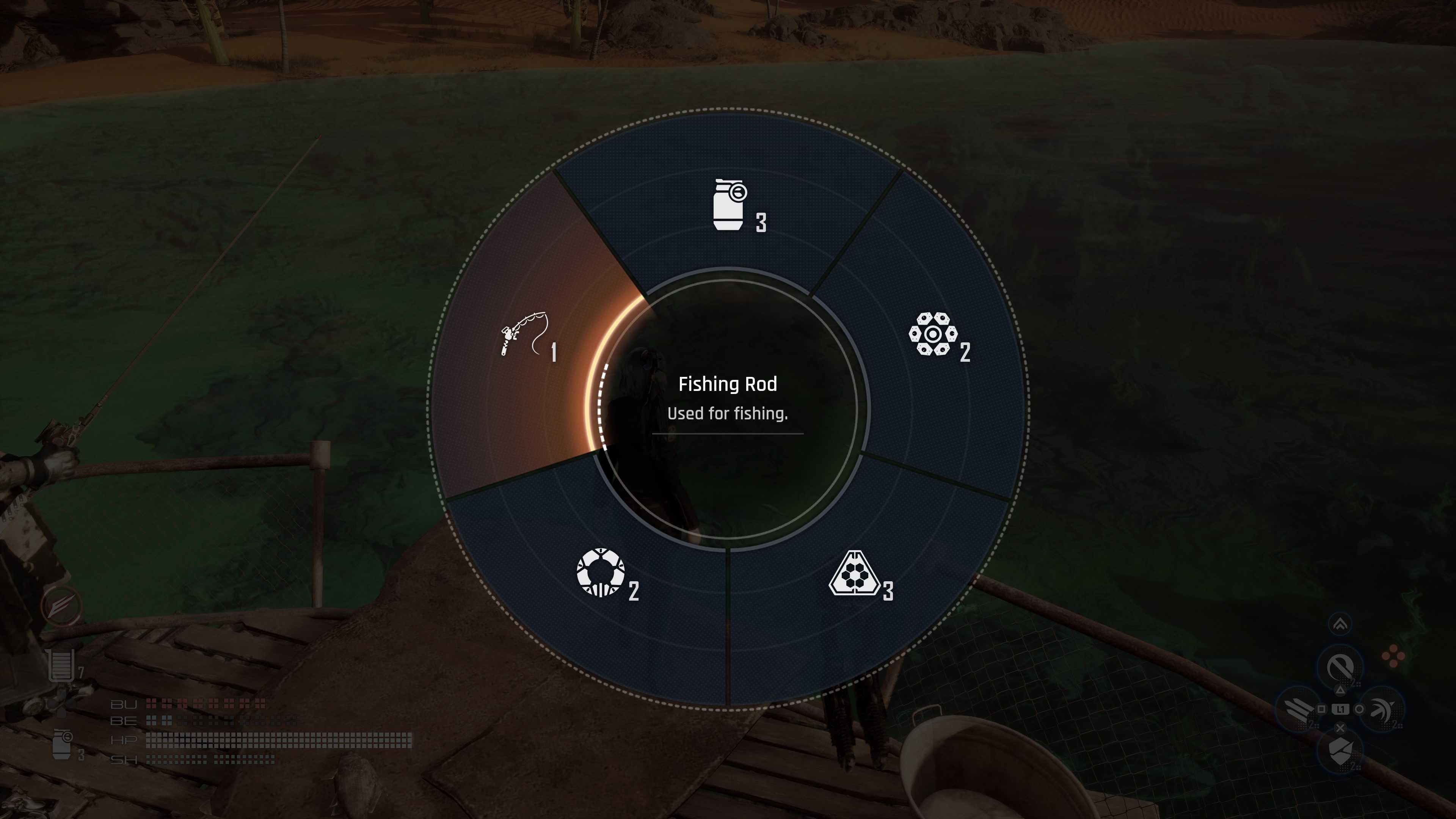 Stellar Blade weapon wheel with the Fishing Rod selected