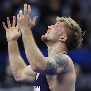 Penn State's Josh Barr celebrates his win in the semifinals of the NCAA Wrestling Championships at Wells Fargo Center.