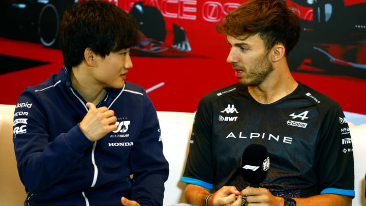 Yuki Tsunoda of Japan and Scuderia AlphaTauri and Pierre Gasly of France and Alpine F1 talk in the Drivers Press Conference during previews ahead of the F1 Grand Prix of Canada at Circuit Gilles Villeneuve on June 15, 2023 in Montreal, Quebec. (Photo by Jared C. Tilton/Getty Images)