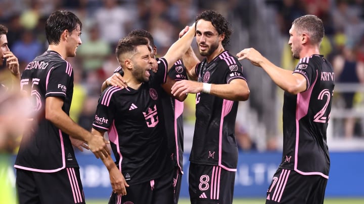 Jun 29, 2024; Nashville, Tennessee, USA; Inter Miami CF defender Jordi Alba (18) celebrates with teammates after scoring a goal against Nashville SC in the first half at Geodis Park. Mandatory Credit: Casey Gower-USA TODAY Sports