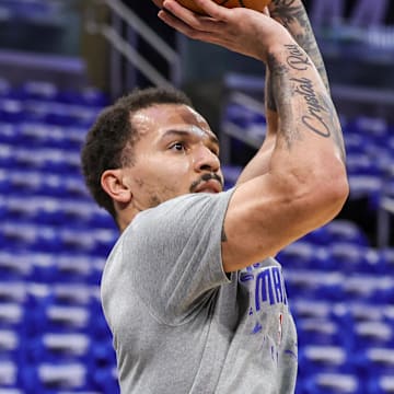 Apr 25, 2025; Orlando, Florida, USA; Orlando Magic guard Cole Anthony (50) warms up before game three of first round for the 2024 NBA Playoffs against the Boston Celtics at Kia Center. Mandatory Credit: Mike Watters-Imagn Images