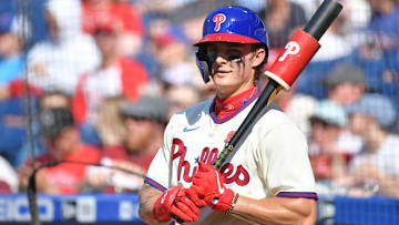 May 30, 2022; Philadelphia, Pennsylvania, USA; Philadelphia Phillies center fielder Mickey Moniak (16) prepares to bat against the San Francisco Giants at Citizens Bank Park.