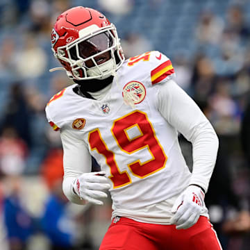 Dec 17, 2023; Foxborough, Massachusetts, USA; Kansas City Chiefs wide receiver Kadarius Toney (19) warms up before a game against the New England Patriots at Gillette Stadium. Mandatory Credit: Eric Canha-Imagn Images