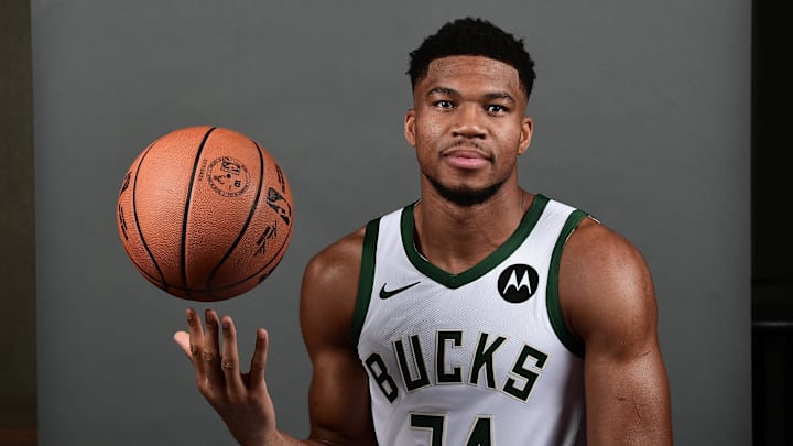 Milwaukee Bucks star Giannis Antetokounmpo poses at media day. Milwaukee Bucks star Giannis Antetokounmpo poses at media day.